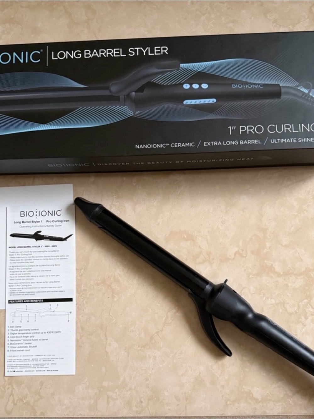 Authentic Bio Ionic 1” Long Barrel Curling Iron w/ Original Box